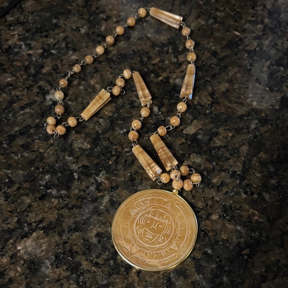 Vintage Gold Beaded Necklace with Engraved Pendant Aztec